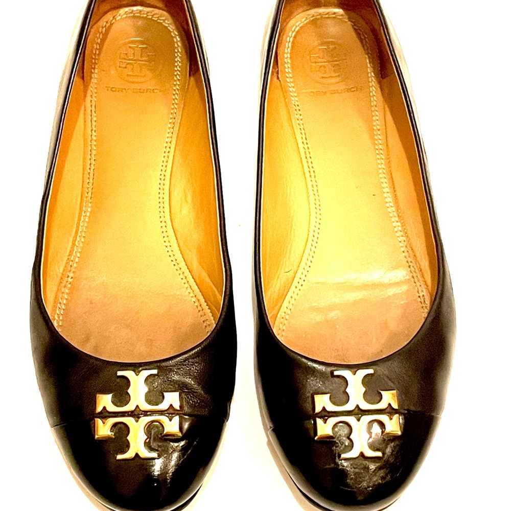 TORY BURCH Everly Cap Toe Ballet Flats 8 Leather Black - Picture 2 of 10